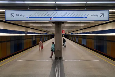 ナトリン駅ホームの方向案内。M1の全駅が一本の帯に並び、シフィエントクシスカでM2と交わる