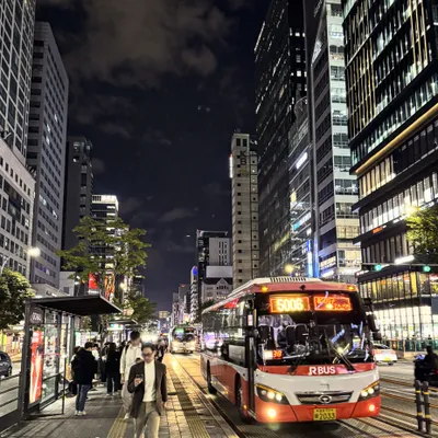 赤は広域バス。郊外・首都圏へ高速道路経由で走る。江南駅の中央車線バス停で夜に撮影。